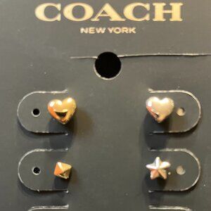 Coach Two Tone 6PC Stud Earring Set Heart, Star, C, Pyramid & Ball